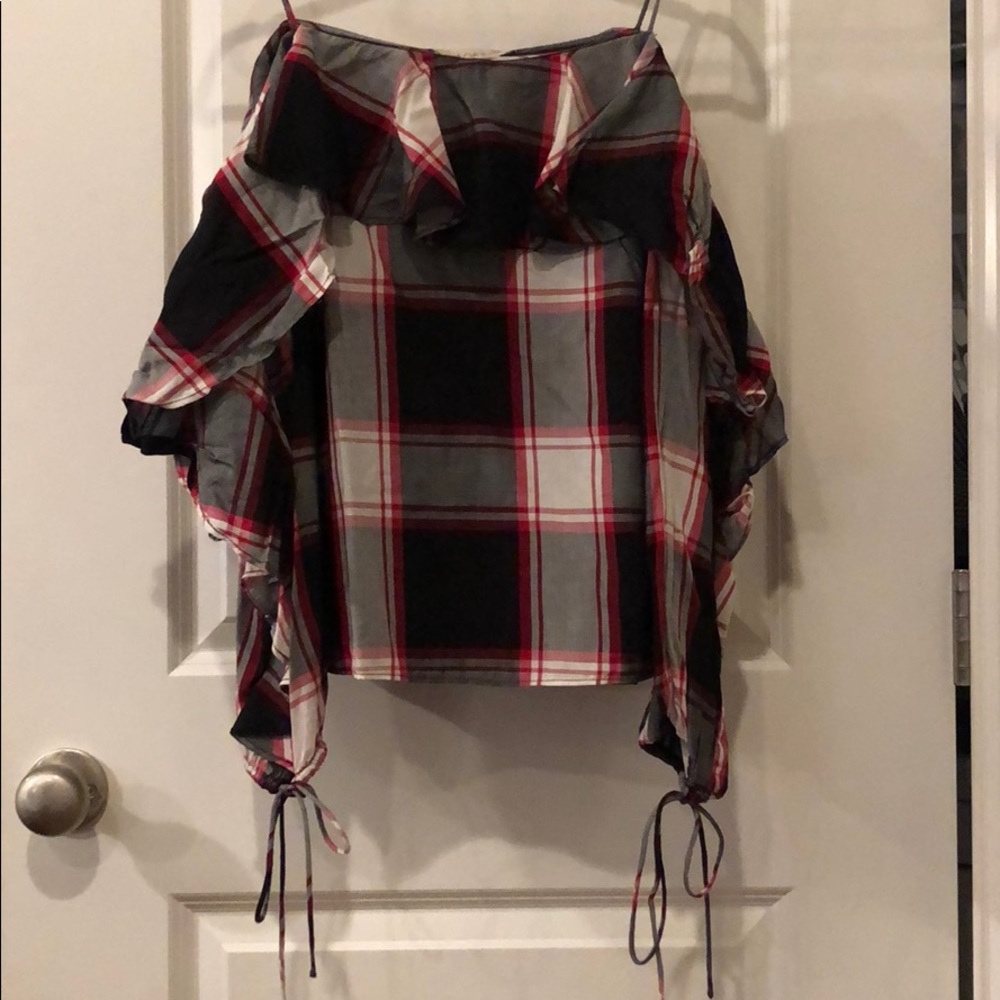Loft cold shoulder red and black tie sleeve top